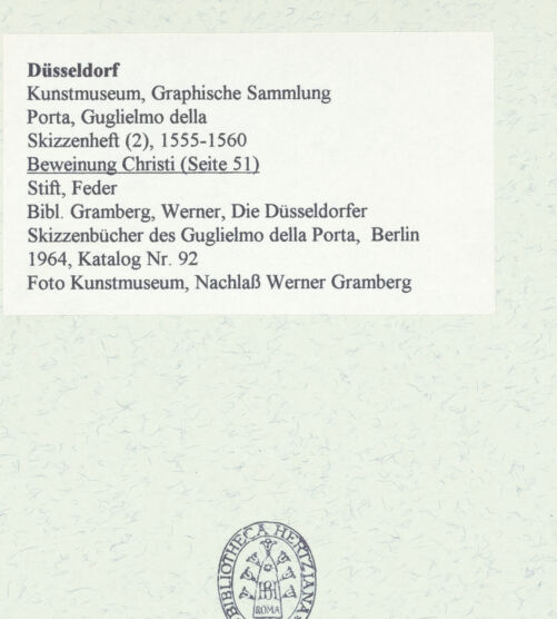 Rückseite von Museum Kunstpalast [https://www.deutsche-digitale-bibliothek.de/content/lizenzen/rv-ez/] L'arte del disegno, e le vivezze dell'ingegno di Guglielmo della Porta celebre scultore, et architetto ... (2 Bände)Zweiter (kleiner) Band mit zwei Skizzenbüchern und einem angefügten KonvolutDas zweite SkizzenheftSeite 51: Beweinung Christi - , bh455979_recto. Foto.