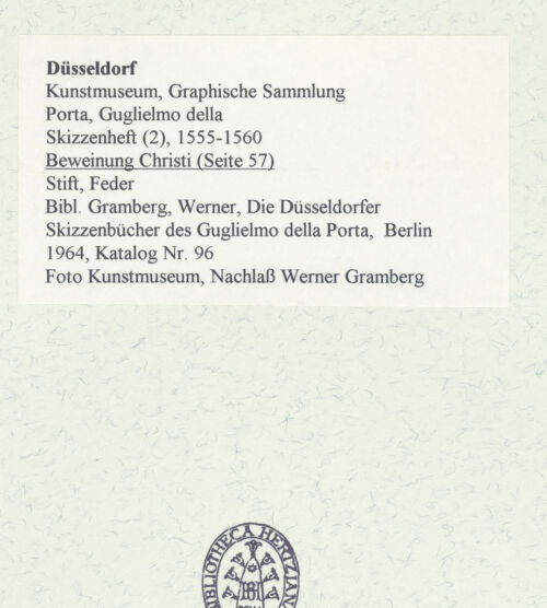 Rückseite von Museum Kunstpalast [https://www.deutsche-digitale-bibliothek.de/content/lizenzen/rv-ez/] L'arte del disegno, e le vivezze dell'ingegno di Guglielmo della Porta celebre scultore, et architetto ... (2 Bände)Zweiter (kleiner) Band mit zwei Skizzenbüchern und einem angefügten KonvolutDas zweite SkizzenheftSeite 57: Beweinung Christi - , bh455983_recto. Foto.