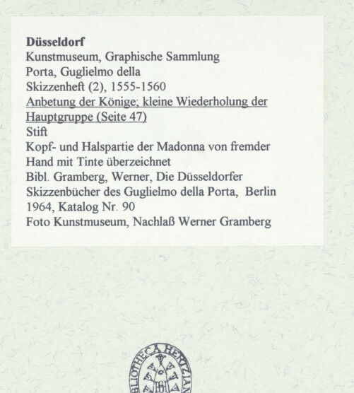 Rückseite von Museum Kunstpalast [https://www.deutsche-digitale-bibliothek.de/content/lizenzen/rv-ez/] L'arte del disegno, e le vivezze dell'ingegno di Guglielmo della Porta celebre scultore, et architetto ... (2 Bände)Zweiter (kleiner) Band mit zwei Skizzenbüchern und einem angefügten KonvolutDas zweite SkizzenheftSeite 47: Anbetung der Könige; kleine Wiederholung der Hauptgruppe - , bh455987_recto. Foto.