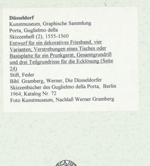 Rückseite von Museum Kunstpalast [https://www.deutsche-digitale-bibliothek.de/content/lizenzen/rv-ez/] L'arte del disegno, e le vivezze dell'ingegno di Guglielmo della Porta celebre scultore, et architetto ... (2 Bände)Zweiter (kleiner) Band mit zwei Skizzenbüchern und einem angefügten KonvolutDas zweite SkizzenheftSeite 24: Dekoratives Friesband in vier Varianten; Verstrebungen eines Tisches (?) in vier Details - , bh455996_recto. Foto.