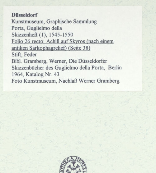 Rückseite von Museum Kunstpalast [https://www.deutsche-digitale-bibliothek.de/content/lizenzen/rv-ez/] L'arte del disegno, e le vivezze dell'ingegno di Guglielmo della Porta celebre scultore, et architetto ... (2 Bände)Erster (großer) Band mit dem ersten SkizzenheftFolio 26 recto (Seite 38): Achill auf Skyros (nach einem antiken Sarkophagrelief) - , bh456385_recto. Foto.