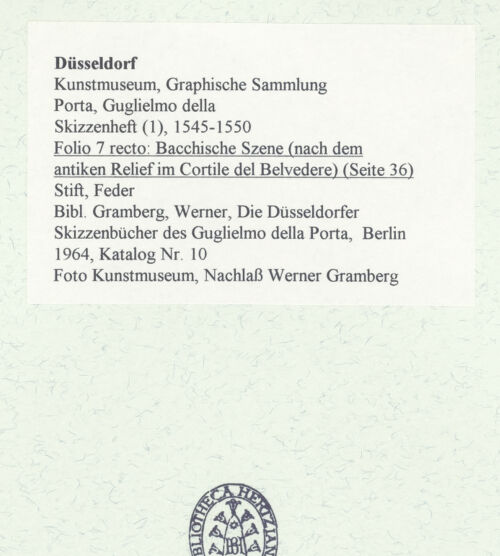 Rückseite von Museum Kunstpalast [https://www.deutsche-digitale-bibliothek.de/content/lizenzen/rv-ez/] L'arte del disegno, e le vivezze dell'ingegno di Guglielmo della Porta celebre scultore, et architetto ... (2 Bände)Erster (großer) Band mit dem ersten SkizzenheftFolio 7 recto (Seite 36): Bacchische Szene (nach dem antiken Relief im Cortile del Belvedere) - , bh456418_recto. Foto.
