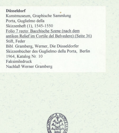 Rückseite von Museum Kunstpalast [https://www.deutsche-digitale-bibliothek.de/content/lizenzen/rv-ez/] L'arte del disegno, e le vivezze dell'ingegno di Guglielmo della Porta celebre scultore, et architetto ... (2 Bände)Erster (großer) Band mit dem ersten SkizzenheftFolio 7 recto (Seite 36): Bacchische Szene (nach dem antiken Relief im Cortile del Belvedere) - , bh456419_recto. Foto.