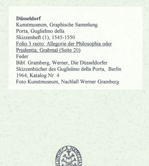 Rückseite von Museum Kunstpalast [https://www.deutsche-digitale-bibliothek.de/content/lizenzen/rv-ez/] L'arte del disegno, e le vivezze dell'ingegno di Guglielmo della Porta celebre scultore, et architetto ... (2 Bände)Erster (großer) Band mit dem ersten SkizzenheftFolio 3 recto (Seite 20): Allegorie der Philosophia oder Prudentia; Grabmal - , bh456429_recto. Foto.