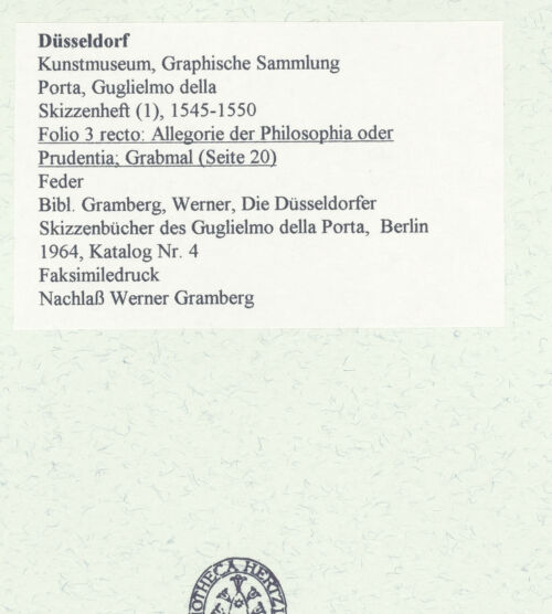 Rückseite von Museum Kunstpalast [https://www.deutsche-digitale-bibliothek.de/content/lizenzen/rv-ez/] L'arte del disegno, e le vivezze dell'ingegno di Guglielmo della Porta celebre scultore, et architetto ... (2 Bände)Erster (großer) Band mit dem ersten SkizzenheftFolio 3 recto (Seite 20): Allegorie der Philosophia oder Prudentia; Grabmal - , bh456430_recto. Foto.