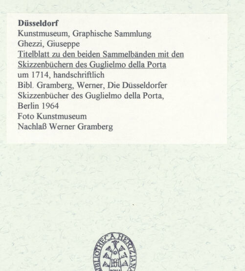 Rückseite von Museum Kunstpalast [https://www.deutsche-digitale-bibliothek.de/content/lizenzen/rv-ez/] L'arte del disegno, e le vivezze dell'ingegno di Guglielmo della Porta celebre scultore, et architetto ... (2 Bände)Erster (großer) Band mit dem ersten SkizzenheftTitelblatt des 1. Bandes - , bh456433_recto. Foto.