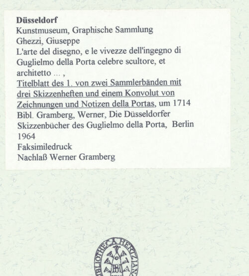 Rückseite von Museum Kunstpalast [https://www.deutsche-digitale-bibliothek.de/content/lizenzen/rv-ez/] L'arte del disegno, e le vivezze dell'ingegno di Guglielmo della Porta celebre scultore, et architetto ... (2 Bände)Erster (großer) Band mit dem ersten SkizzenheftTitelblatt des 1. Bandes - , bh456434_recto. Foto.