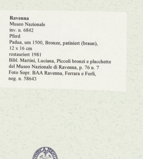 Rückseite von Sopr. BAA Ravenna, Ferrara e Forlì [https://www.deutsche-digitale-bibliothek.de/content/lizenzen/rv-ez/] Pferd - Linke Seite, bh456947_recto. Foto.