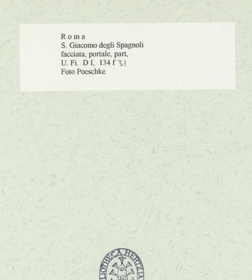 Rückseite von Bibliotheca Hertziana [https://www.deutsche-digitale-bibliothek.de/content/lizenzen/rv-fz/] Portalskulptur - Architravierung rechts unten, bh457220_recto. Foto: Poeschke, Joachim.