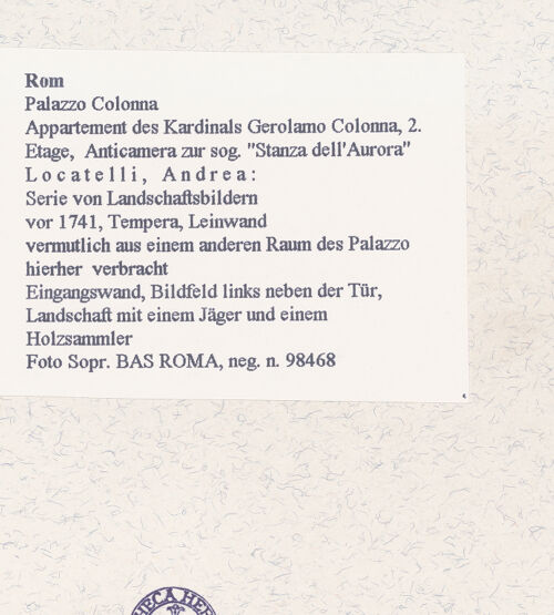 Rückseite von Sopr. BAS ROMA [https://www.deutsche-digitale-bibliothek.de/content/lizenzen/rv-ez/] Serie von Landschaftsbildern - Eingangswand, Bildfeld links neben der Tür, Landschaft mit einem Jäger und einem Holzsammler, bh458040_recto. Foto.