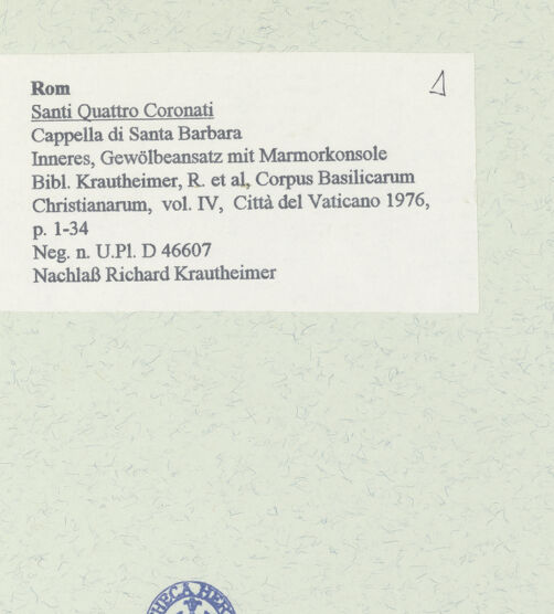 Rückseite von Bibliotheca Hertziana [https://www.deutsche-digitale-bibliothek.de/content/lizenzen/rv-fz/] Santi Quattro CoronatiInneresCappella di Santa Barbara - Inneres, Gewölbeansatz mit Marmorkonsole, bh458281_recto. Foto.