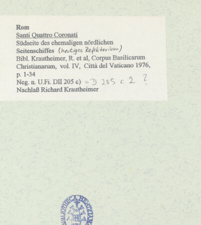 Rückseite von Bibliotheca Hertziana [https://www.deutsche-digitale-bibliothek.de/content/lizenzen/rv-fz/] Santi Quattro CoronatiInneres - Südliche Wand, bh458318_recto. Foto.