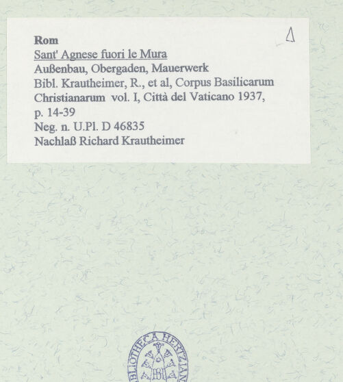 Rückseite von Bibliotheca Hertziana [https://www.deutsche-digitale-bibliothek.de/content/lizenzen/rv-fz/] Sant'Agnese fuori le Murarechte Flanke (Südfassade) - Außenbau, Obergaden, Mauerwerk, bh459365_recto. Foto.
