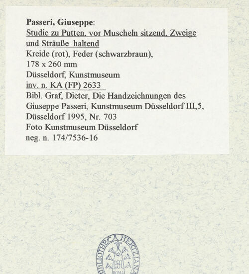 Rückseite von Museum Kunstpalast [https://www.deutsche-digitale-bibliothek.de/content/lizenzen/rv-ez/] Studie zu Putten, vor Muscheln sitzend, Zweige und Sträuße haltend - , bh459450_recto. Foto.