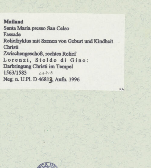 Rückseite von Bibliotheca Hertziana [https://www.deutsche-digitale-bibliothek.de/content/lizenzen/rv-fz/] Reliefzyklus mit Szenen von Geburt und Kindheit ChristiDarbringung Christi im Tempel - Gesamtansicht, bh460816_recto. Foto.