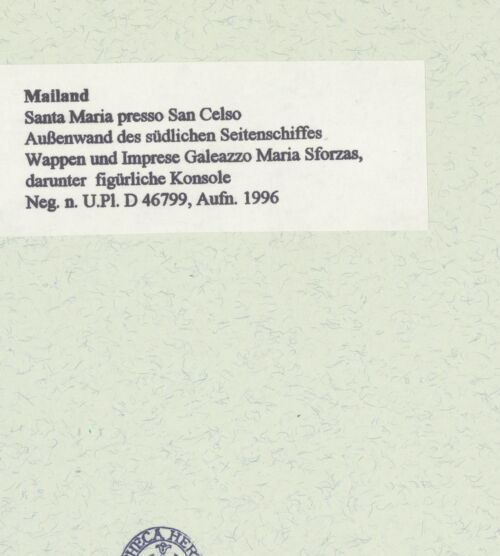 Rückseite von Bibliotheca Hertziana [https://www.deutsche-digitale-bibliothek.de/content/lizenzen/rv-fz/] Imprese des Galeazzo Maria Sforza, getragen von Putti (1450/1478); Figürliche Konsole (1501/1550) - Gesamtansicht, bh460817_recto. Foto: Fichera, Gabriele.