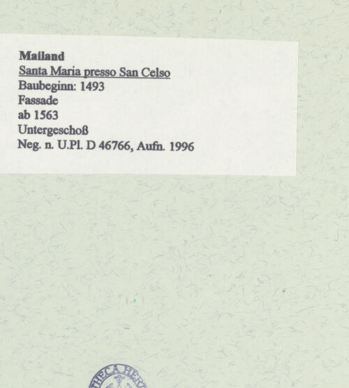 Rückseite von Bibliotheca Hertziana [https://www.deutsche-digitale-bibliothek.de/content/lizenzen/rv-fz/] Santa Maria presso San CelsoWestfassade - Untergeschoß, bh460833_recto. Foto: Fichera, Gabriele.