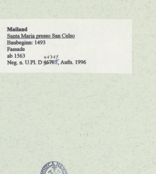 Rückseite von Bibliotheca Hertziana [https://www.deutsche-digitale-bibliothek.de/content/lizenzen/rv-fz/] Santa Maria presso San CelsoWestfassade - , bh460834_recto. Foto: Fichera, Gabriele.