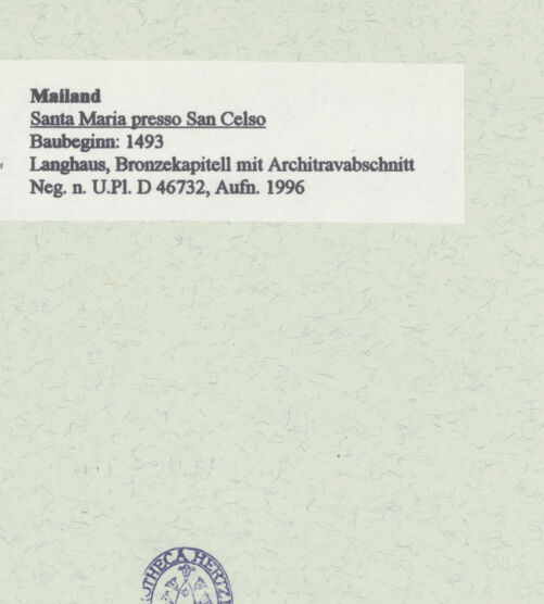 Rückseite von Bibliotheca Hertziana [https://www.deutsche-digitale-bibliothek.de/content/lizenzen/rv-fz/] Santa Maria presso San Celso - Langhaus, Bronzekapitell mit Architravabschnitt, bh460835_recto. Foto: Fichera, Gabriele.