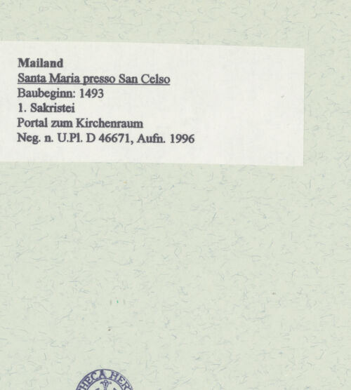 Rückseite von Bibliotheca Hertziana [https://www.deutsche-digitale-bibliothek.de/content/lizenzen/rv-fz/] Santa Maria presso San CelsoErste Sakristei - Portal zum Kirchenraum, bh460838_recto. Foto: Fichera, Gabriele.