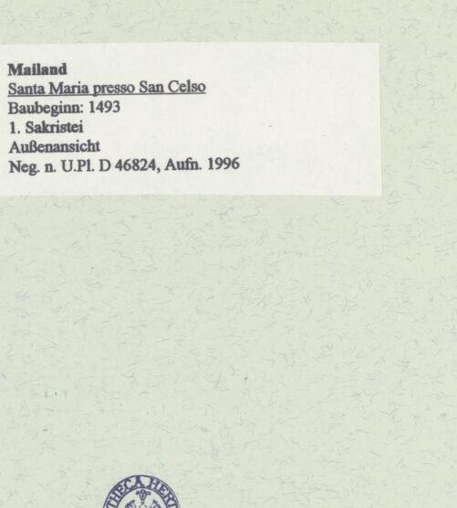 Rückseite von Bibliotheca Hertziana [https://www.deutsche-digitale-bibliothek.de/content/lizenzen/rv-fz/] Santa Maria presso San CelsoErste Sakristei - Außenansicht, bh460840_recto. Foto: Fichera, Gabriele.