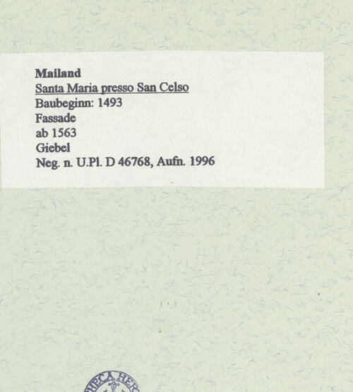 Rückseite von Bibliotheca Hertziana [https://www.deutsche-digitale-bibliothek.de/content/lizenzen/rv-fz/] Santa Maria presso San CelsoWestfassade - Giebel, bh460841_recto. Foto: Fichera, Gabriele.