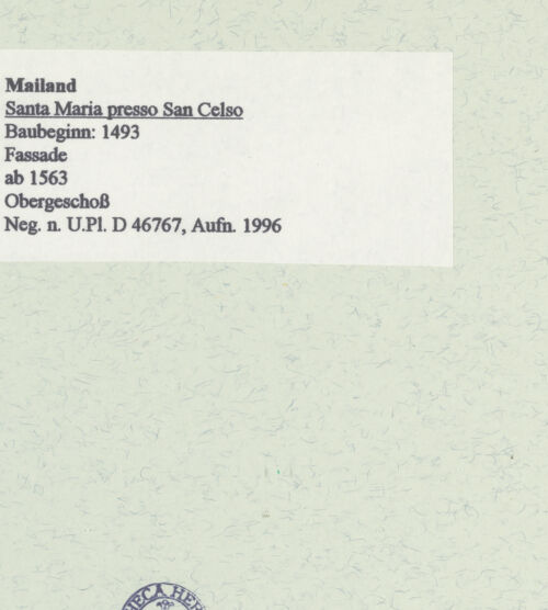 Rückseite von Bibliotheca Hertziana [https://www.deutsche-digitale-bibliothek.de/content/lizenzen/rv-fz/] Santa Maria presso San CelsoWestfassade - Obergeschoss, bh460842_recto. Foto: Fichera, Gabriele.