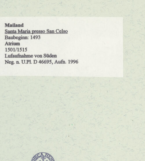 Rückseite von Bibliotheca Hertziana [https://www.deutsche-digitale-bibliothek.de/content/lizenzen/rv-fz/] Santa Maria presso San Celso - Luftaufnahme von Süden, bh460847_recto. Foto: Fichera, Gabriele.