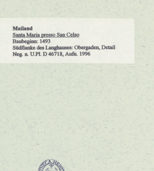 Rückseite von Bibliotheca Hertziana [https://www.deutsche-digitale-bibliothek.de/content/lizenzen/rv-fz/] Santa Maria presso San CelsoSüdfassade - Obergaden, Detail, bh460932_recto. Foto: Fichera, Gabriele.