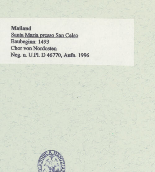 Rückseite von Bibliotheca Hertziana [https://www.deutsche-digitale-bibliothek.de/content/lizenzen/rv-fz/] Santa Maria presso San CelsoChor und Ostbau - Chor von Nordosten, bh460933_recto. Foto: Fichera, Gabriele.