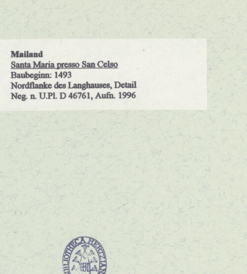 Rückseite von Bibliotheca Hertziana [https://www.deutsche-digitale-bibliothek.de/content/lizenzen/rv-fz/] Santa Maria presso San CelsoNordfassade - Detail, bh460935_recto. Foto: Fichera, Gabriele.