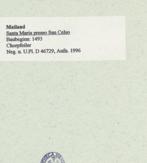 Rückseite von Bibliotheca Hertziana [https://www.deutsche-digitale-bibliothek.de/content/lizenzen/rv-fz/] Santa Maria presso San Celso - Chorpfeiler, bh461044_recto. Foto: Fichera, Gabriele.