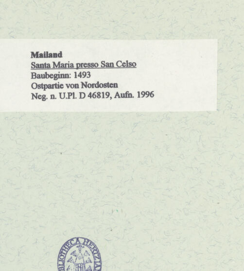 Rückseite von Bibliotheca Hertziana [https://www.deutsche-digitale-bibliothek.de/content/lizenzen/rv-fz/] Santa Maria presso San CelsoChor und Ostbau - Ostpartie von Nordosten, bh461079_recto. Foto: Fichera, Gabriele.