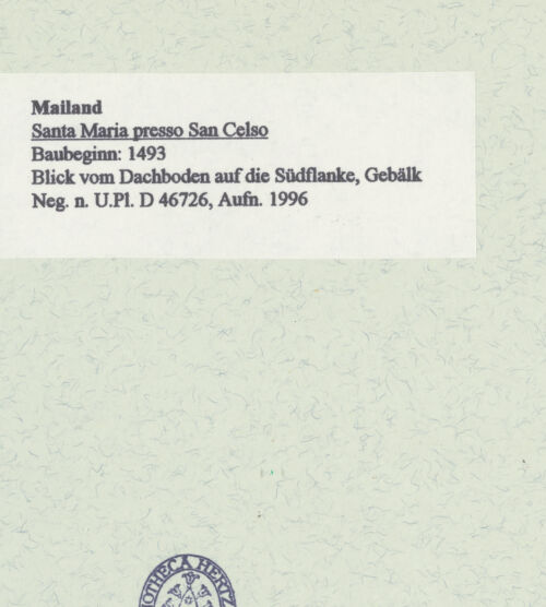 Rückseite von Bibliotheca Hertziana [https://www.deutsche-digitale-bibliothek.de/content/lizenzen/rv-fz/] Santa Maria presso San Celso - Blick vom Dachboden auf die Südflanke, Gebälk, bh461080_recto. Foto: Fichera, Gabriele.