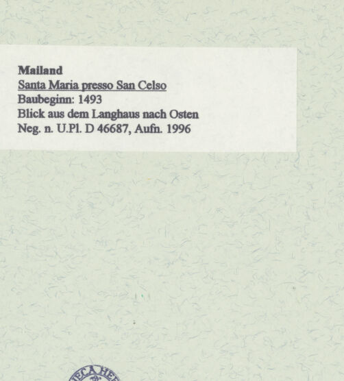 Rückseite von Bibliotheca Hertziana [https://www.deutsche-digitale-bibliothek.de/content/lizenzen/rv-fz/] Santa Maria presso San Celso - Blick aus dem Langhaus nach Osten, bh461086_recto. Foto: Fichera, Gabriele.