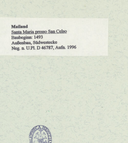 Rückseite von Bibliotheca Hertziana [https://www.deutsche-digitale-bibliothek.de/content/lizenzen/rv-fz/] Santa Maria presso San CelsoSüdfassade - Südwestecke, bh461096_recto. Foto: Fichera, Gabriele.
