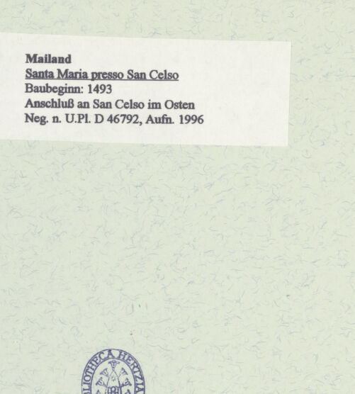 Rückseite von Bibliotheca Hertziana [https://www.deutsche-digitale-bibliothek.de/content/lizenzen/rv-fz/] Santa Maria presso San CelsoChor und Ostbau - Anschluss an San Celso im Osten, bh461097_recto. Foto: Fichera, Gabriele.