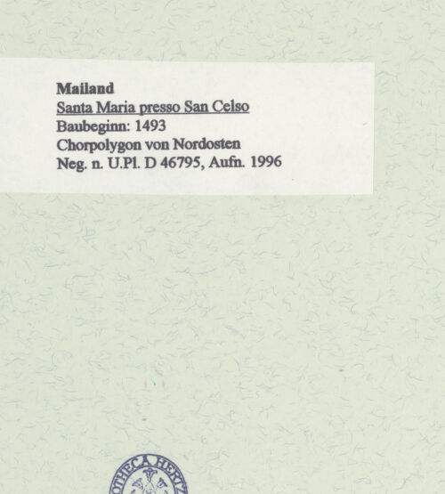 Rückseite von Bibliotheca Hertziana [https://www.deutsche-digitale-bibliothek.de/content/lizenzen/rv-fz/] Santa Maria presso San CelsoChor und Ostbau - Chorpolygon von Nordosten, bh461098_recto. Foto: Fichera, Gabriele.