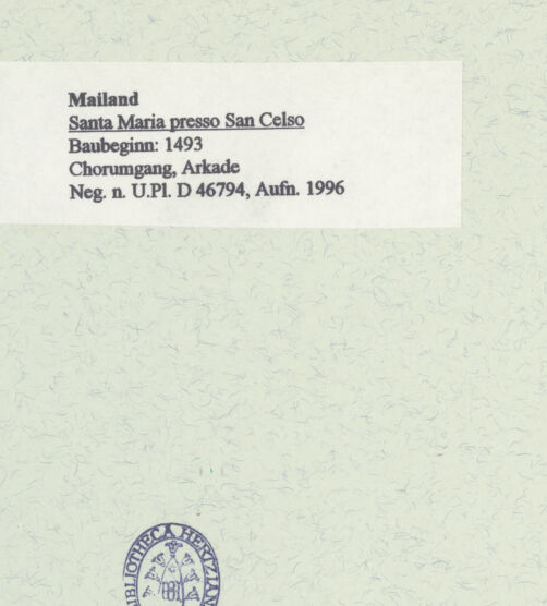 Rückseite von Bibliotheca Hertziana [https://www.deutsche-digitale-bibliothek.de/content/lizenzen/rv-fz/] Santa Maria presso San CelsoChor und Ostbau - Chorumgang, Arkade, bh461099_recto. Foto: Fichera, Gabriele.