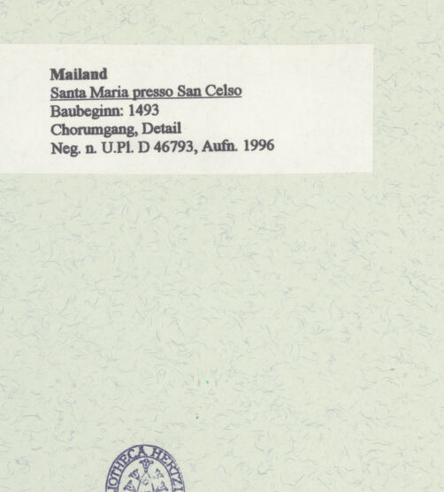 Rückseite von Bibliotheca Hertziana [https://www.deutsche-digitale-bibliothek.de/content/lizenzen/rv-fz/] Santa Maria presso San CelsoChor und Ostbau - Chorumgang, Detail, bh461100_recto. Foto: Fichera, Gabriele.