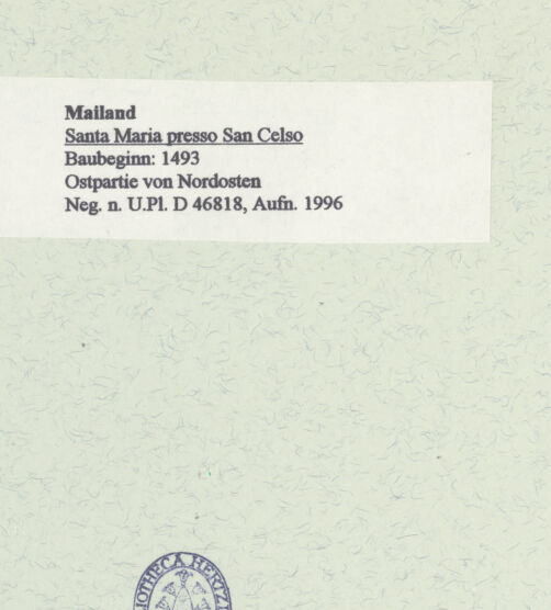 Rückseite von Bibliotheca Hertziana [https://www.deutsche-digitale-bibliothek.de/content/lizenzen/rv-fz/] Santa Maria presso San CelsoChor und Ostbau - Ostpartie von Nordosten, bh461102_recto. Foto: Fichera, Gabriele.