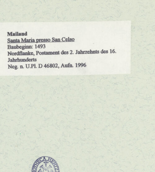 Rückseite von Bibliotheca Hertziana [https://www.deutsche-digitale-bibliothek.de/content/lizenzen/rv-fz/] Santa Maria presso San CelsoNordfassade - Postament des 2. Jahrzehnts des 16. Jahrhunderts, bh461104_recto. Foto: Fichera, Gabriele.