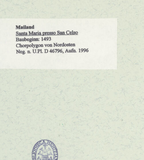 Rückseite von Bibliotheca Hertziana [https://www.deutsche-digitale-bibliothek.de/content/lizenzen/rv-fz/] Santa Maria presso San CelsoChor und Ostbau - Chorpolygon von Nordosten, bh461106_recto. Foto: Fichera, Gabriele.