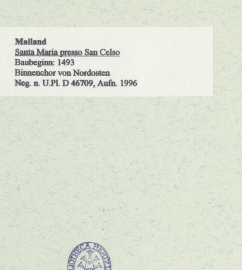 Rückseite von Bibliotheca Hertziana [https://www.deutsche-digitale-bibliothek.de/content/lizenzen/rv-fz/] Santa Maria presso San CelsoChor und Ostbau - Binnenchor von Nordosten, bh461108_recto. Foto: Fichera, Gabriele.