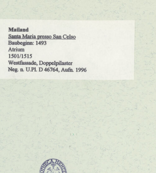 Rückseite von Bibliotheca Hertziana [https://www.deutsche-digitale-bibliothek.de/content/lizenzen/rv-fz/] Santa Maria presso San CelsoWestfassade - Doppelpilaster, bh461142_recto. Foto: Fichera, Gabriele.