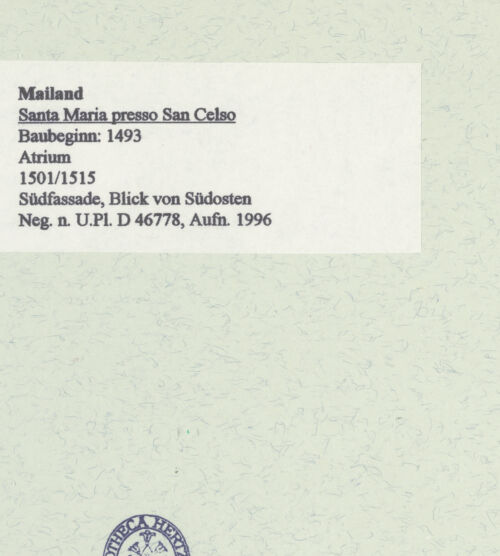 Rückseite von Bibliotheca Hertziana [https://www.deutsche-digitale-bibliothek.de/content/lizenzen/rv-fz/] Santa Maria presso San CelsoSudfassade - Ansicht von Südosten, bh461148_recto. Foto: Fichera, Gabriele.