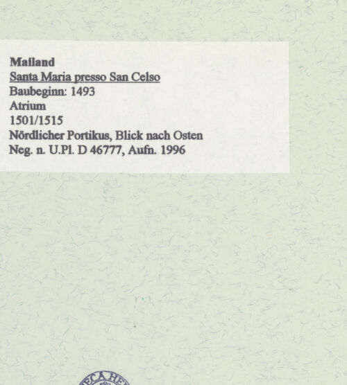Rückseite von Bibliotheca Hertziana [https://www.deutsche-digitale-bibliothek.de/content/lizenzen/rv-fz/] Santa Maria presso San Celso - Nordgalerie, Blick nach Osten, bh461149_recto. Foto: Fichera, Gabriele.