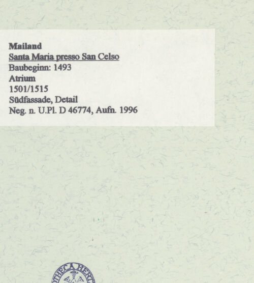 Rückseite von Bibliotheca Hertziana [https://www.deutsche-digitale-bibliothek.de/content/lizenzen/rv-fz/] Santa Maria presso San CelsoSudfassade - Detail, bh461151_recto. Foto: Fichera, Gabriele.