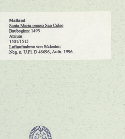 Rückseite von Bibliotheca Hertziana [https://www.deutsche-digitale-bibliothek.de/content/lizenzen/rv-fz/] Santa Maria presso San Celso - Luftaufnahme von Südosten, bh461153_recto. Foto: Fichera, Gabriele.