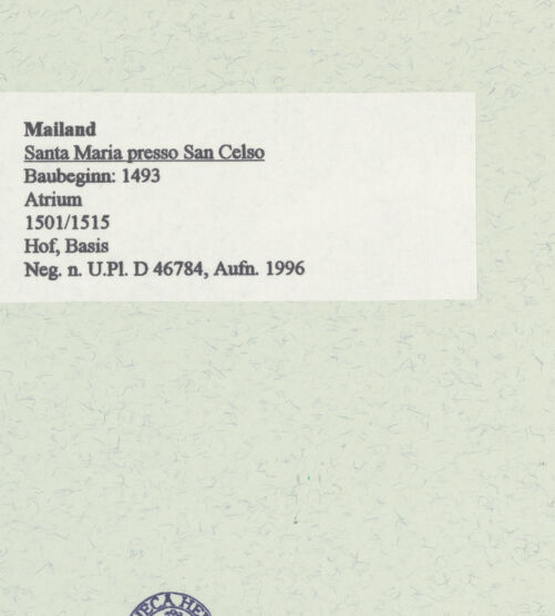 Rückseite von Bibliotheca Hertziana [https://www.deutsche-digitale-bibliothek.de/content/lizenzen/rv-fz/] Santa Maria presso San Celso - Basis, bh461154_recto. Foto: Fichera, Gabriele.